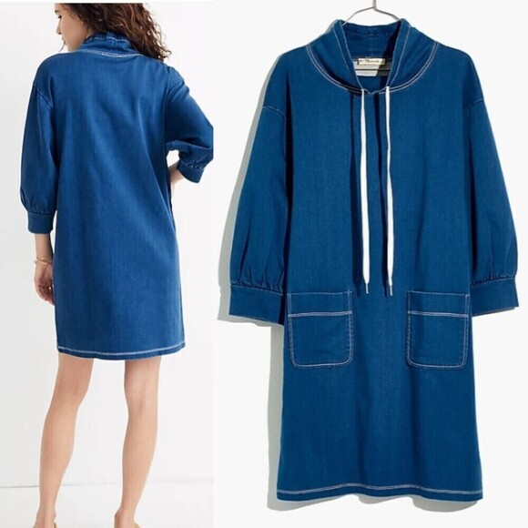 Madewell Women Size XXS Denim Sweatshirt Tunic Shift Mini Dress Funnel Neck Mod - Picture 5 of 13